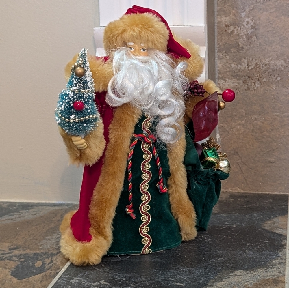 Santa Claus With Bottle Brush Tree 10 inch Vintage Christmas Tree Topper